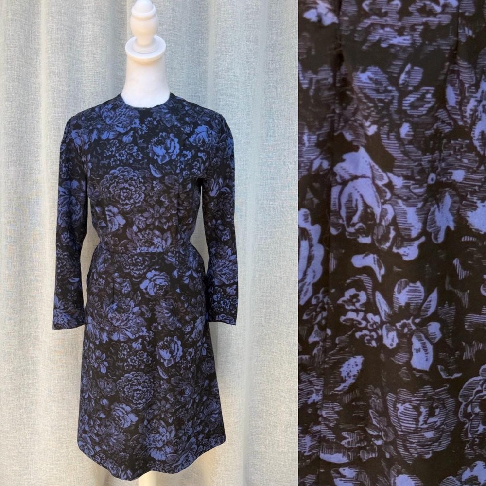 Romantic 1970's blue and black long sleeve midi dress